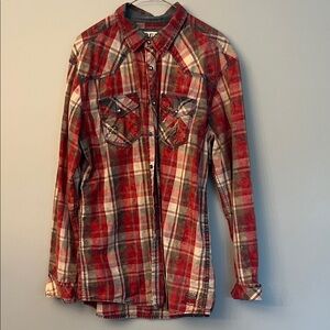 BKE Red and Gray Plaid Women's Button Down Shirt